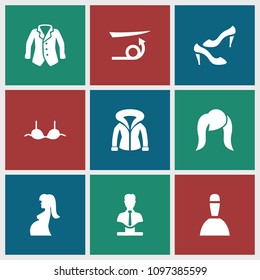 Female icon. collection of 9 female filled icons such as straight hair, shoe, bra, bust, spa bag, hairstyle, jacket, overcoat. editable female icons for web and mobile.
