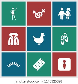 Female icon. collection of 9 female filled icons such as chicken, hair curler, eyelashes, ballet shoes, overcoat, couple. editable female icons for web and mobile.