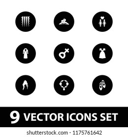 Female icon. collection of 9 female filled icons such as woman in spa, necklace, overcoat, ballet shoes, curly hair, woman hairstyle. editable female icons for web and mobile.