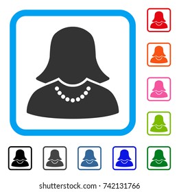 Female icon. Flat gray iconic symbol inside a light blue rounded square. Black, gray, green, blue, red, orange color versions of Female vector. Designed for web and software interfaces.