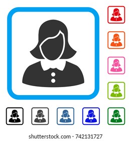Female icon. Flat grey pictogram symbol inside a light blue rounded square. Black, gray, green, blue, red, orange color versions of Female vector. Designed for web and app interfaces.