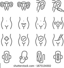 Female Icon Illustration Vector Set. Contains Such Icons As Surgery, Sanitary Napkin, Fetus, Genital, Uterus, Vagina, Medical, Ovary, And More. Expanded Stroke