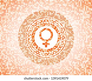 female icon inside abstract emblem, orange mosaic background