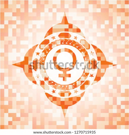 female icon inside abstract emblem, orange mosaic background