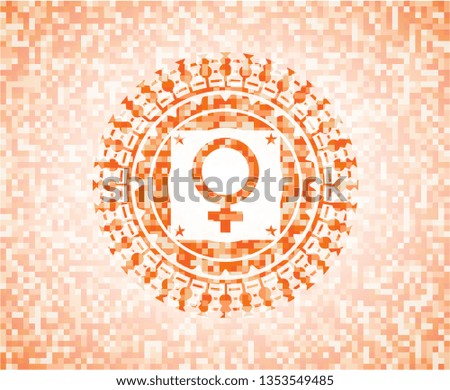 female icon inside abstract emblem, orange mosaic background