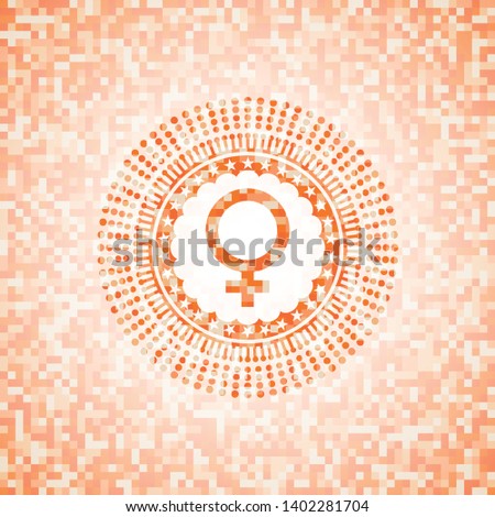 female icon inside abstract emblem, orange mosaic background