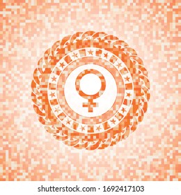 icono hembra dentro del emblema abstracto de mosaico naranja con fondo
