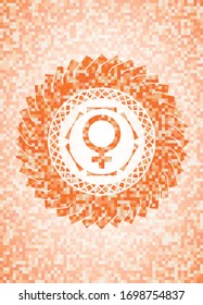 icono hembra dentro del emblema abstracto de mosaico naranja con fondo