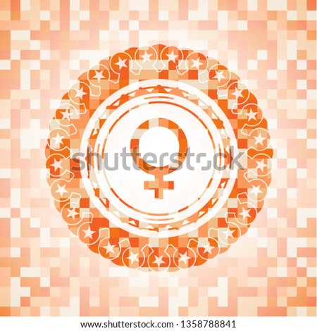 female icon inside abstract orange mosaic emblem with background