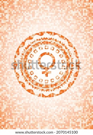 female icon inside abstract orange mosaic emblem. 