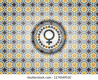 female icon inside arabesque style emblem. arabic decoration.