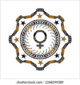 female icon inside arabic emblem background. Arabesque decoration.