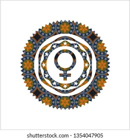 female icon inside arabic style badge. Arabesque decoration.