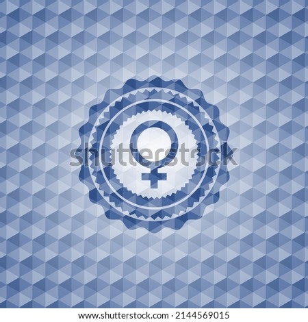 female icon inside blue emblem or badge with abstract geometric polygonal pattern background. 