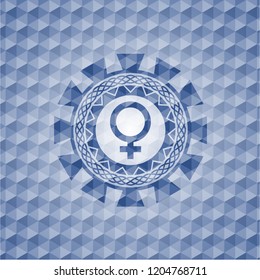 female icon inside blue polygonal badge.