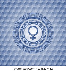 female icon inside blue polygonal emblem.