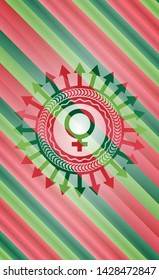 female icon inside christmas colors badge.