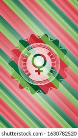 female icon inside christmas style badge..