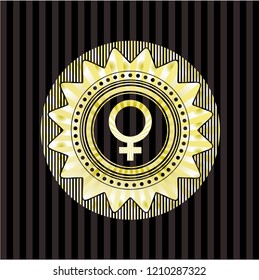 female icon inside gold emblem or badge