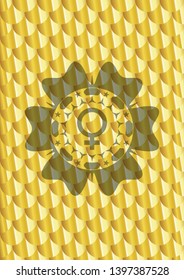 female icon inside gold shiny emblem. Scales pattern. Vector Illustration. Detailed.