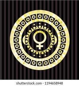 female icon inside golden badge