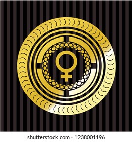 female icon inside golden badge