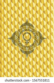 female icon inside golden badge or emblem. Scales pattern. Vector Illustration. Detailed.