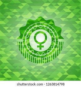 female icon inside green emblem with mosaic background