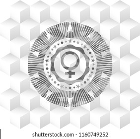 female icon inside grey emblem. Retro with geometric cube white background