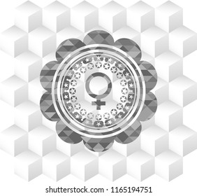 female icon inside grey emblem with cube white background
