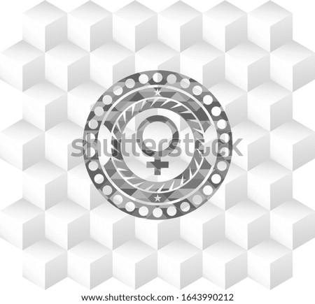 female icon inside grey emblem. Retro with geometric cube white background