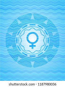 female icon inside light blue water emblem.