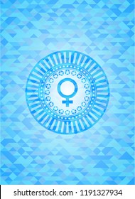 female icon inside light blue emblem. Mosaic background