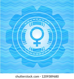 female icon inside light blue water wave emblem.