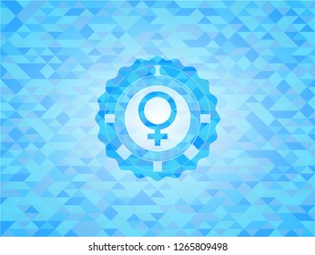 female icon inside light blue emblem with mosaic ecological style background