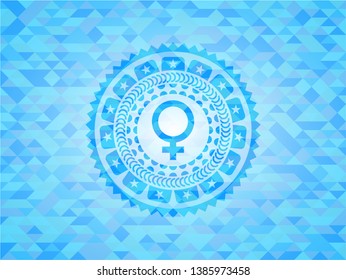female icon inside light blue emblem with mosaic ecological style background