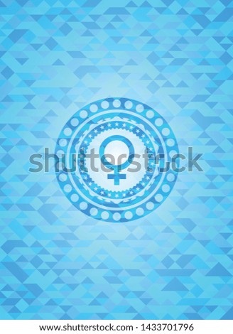 female icon inside light blue emblem with mosaic ecological style background