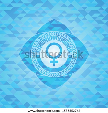 female icon inside light blue emblem with mosaic background