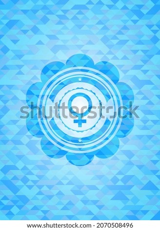 female icon inside light blue emblem with mosaic ecological style background. 