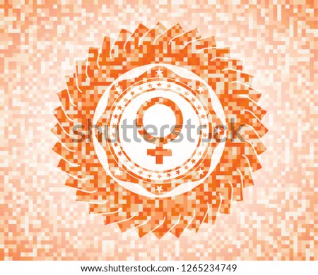 female icon inside orange mosaic emblem