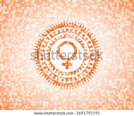female icon inside orange mosaic emblem with background. 