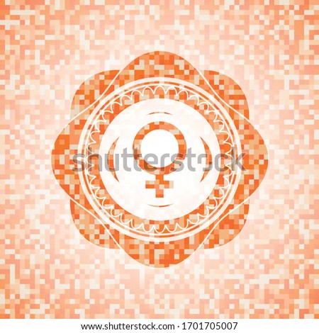 female icon inside orange mosaic emblem with background