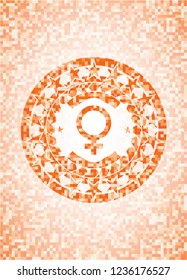 female icon inside orange tile background illustration. Square geometric mosaic seamless pattern with emblem inside.