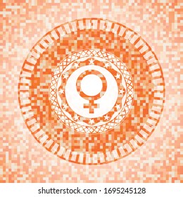 female icon inside orange tile background illustration. Square geometric mosaic seamless pattern with emblem inside.
