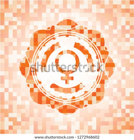 female icon inside orange tile background illustration. Square geometric mosaic seamless pattern with emblem inside.
