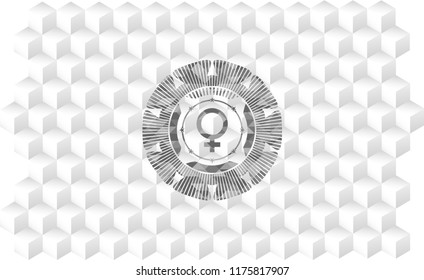 female icon inside realistic grey emblem with cube white background