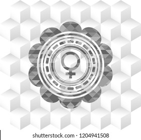 female icon inside realistic grey emblem with geometric cube white background
