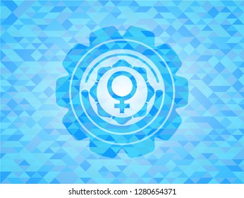 female icon inside realistic light blue emblem. Mosaic background