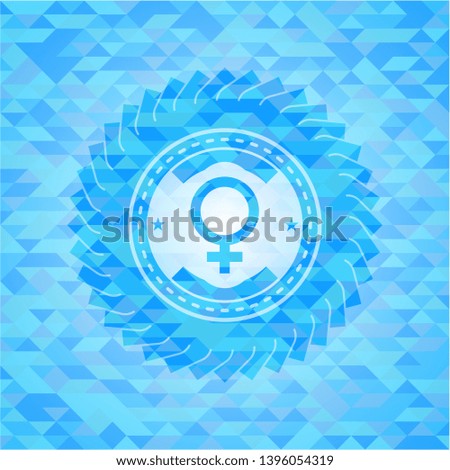 female icon inside realistic light blue emblem. Mosaic background