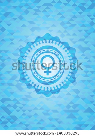 female icon inside realistic light blue mosaic emblem